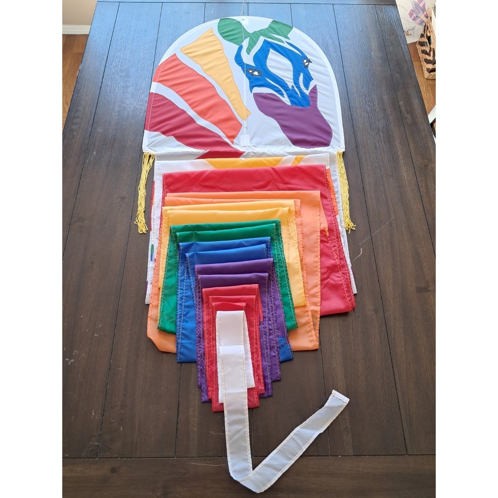 Vintage White Bird Kites Zebra Face 35' Rainbow Dragon Style Kite RARE